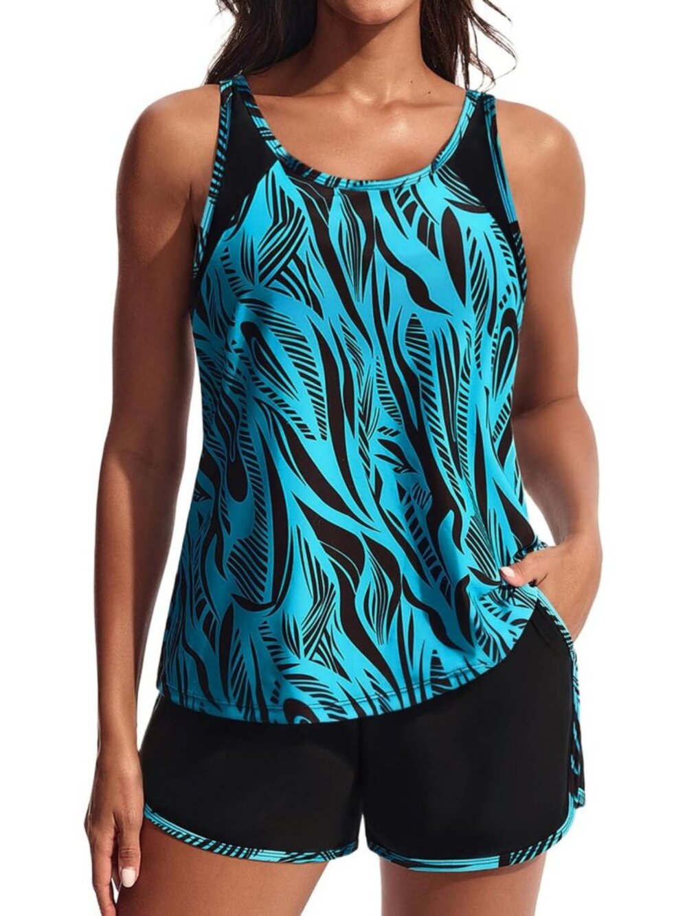 Stylish Women's 2-Piece Tankini Swimsuit Set with Athletic Pockets & Shorts